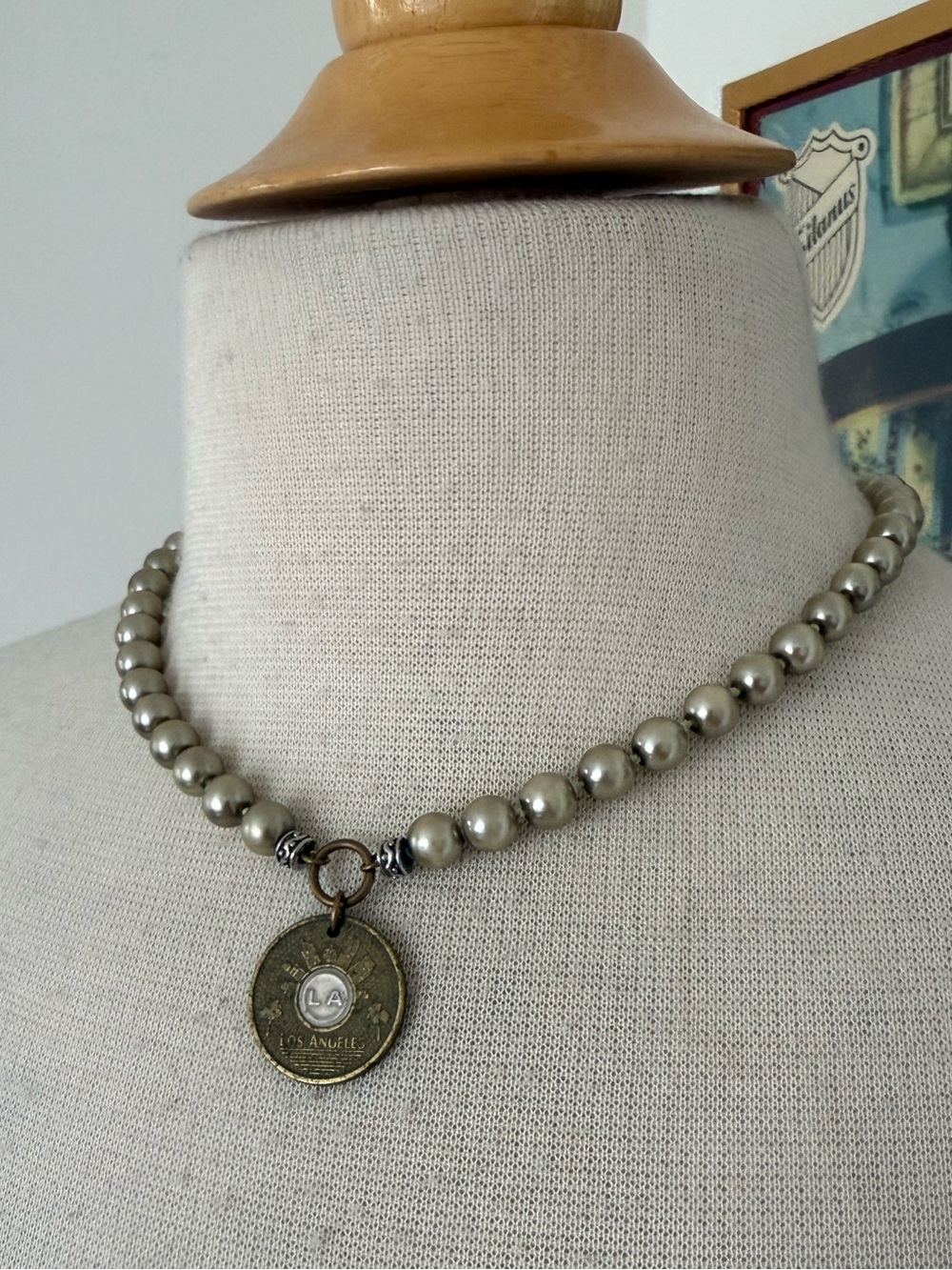Pearl Bead Pendant Necklace with Vintage Coin Charm